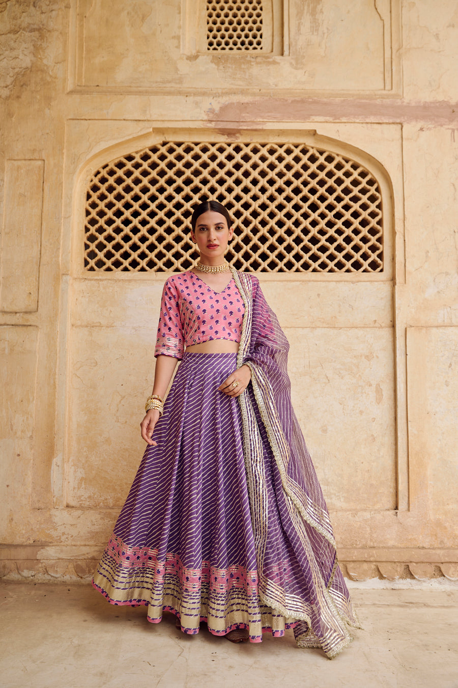Pink Purple Cotton Gota Work Lehenga Set with Dupatta