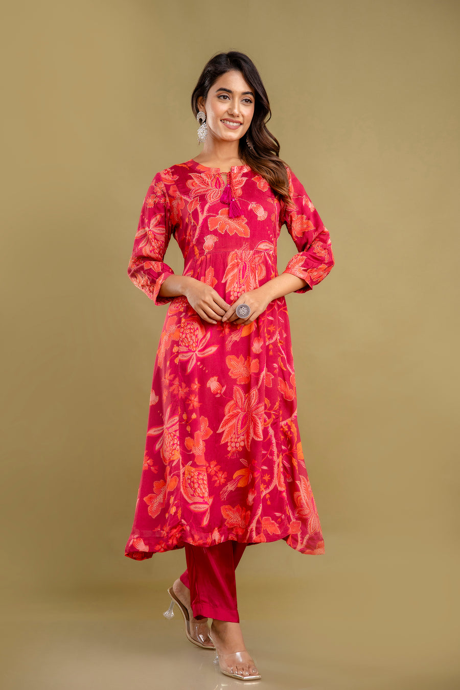 Red Chinnon Embroidered Kurta Pant Set