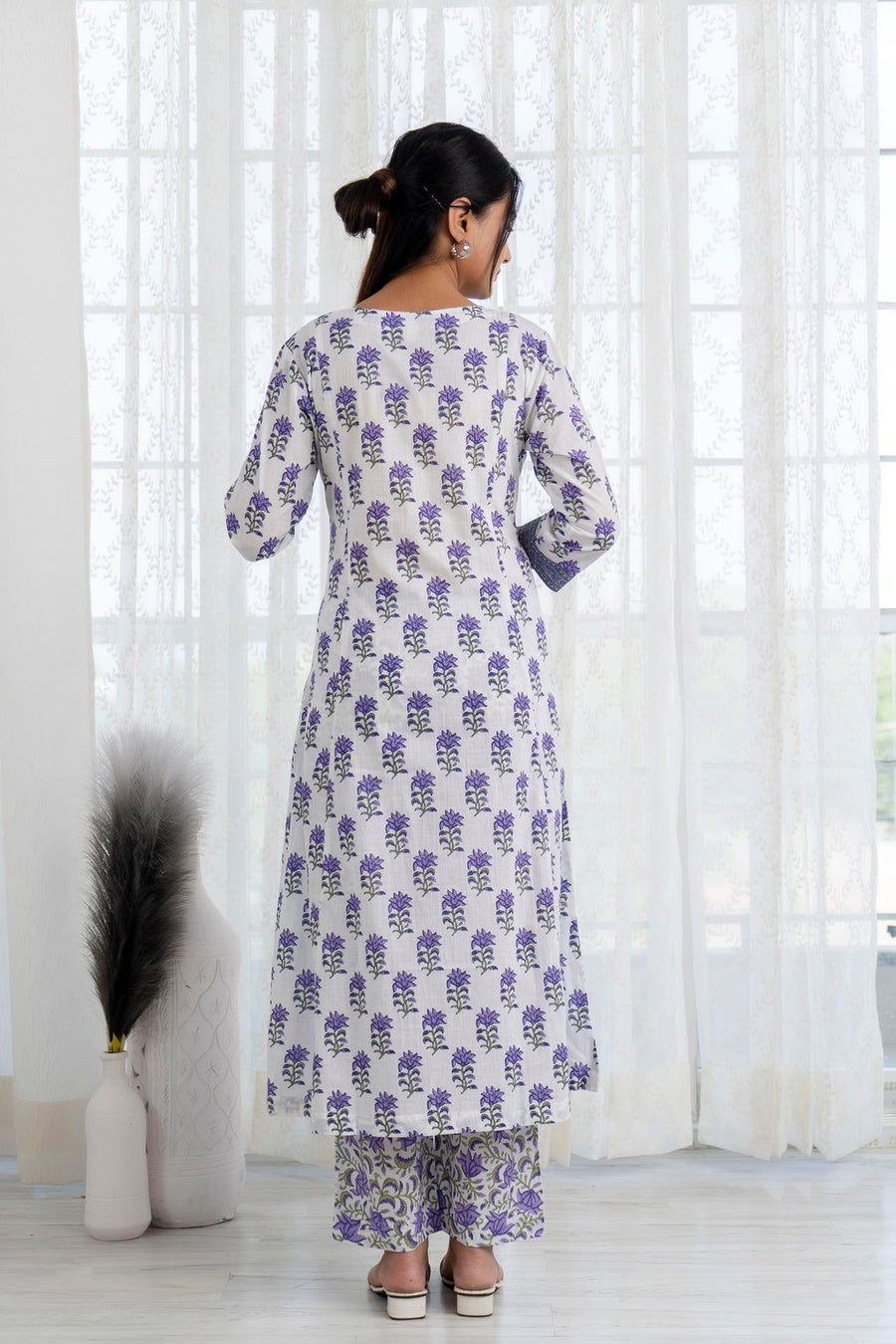 Purple Printed A-Line Kurta with Pant and Dupatta