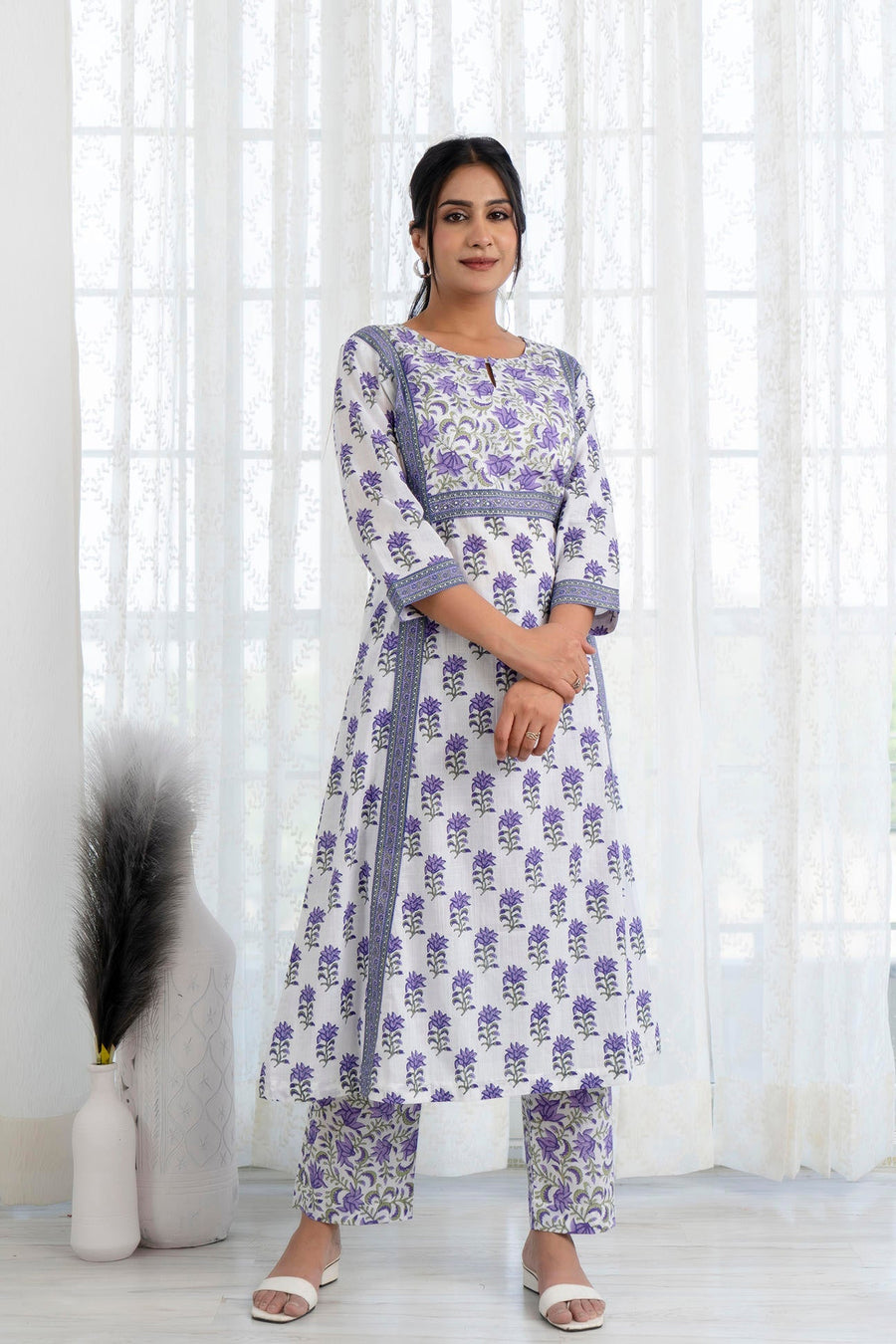 Purple Printed A-Line Kurta with Pant and Dupatta