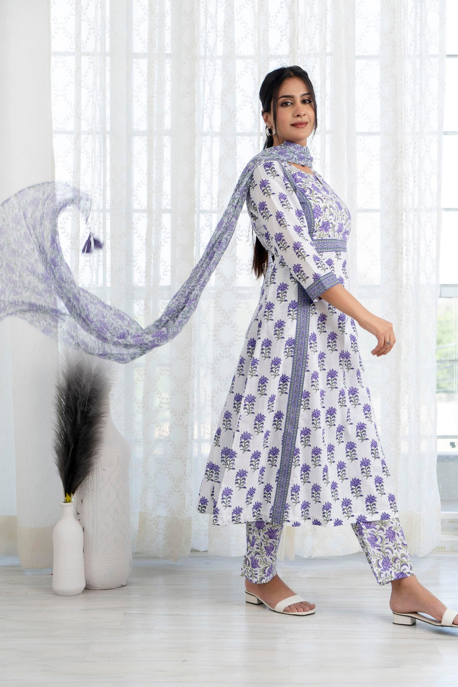 Purple Printed A-Line Kurta with Pant and Dupatta