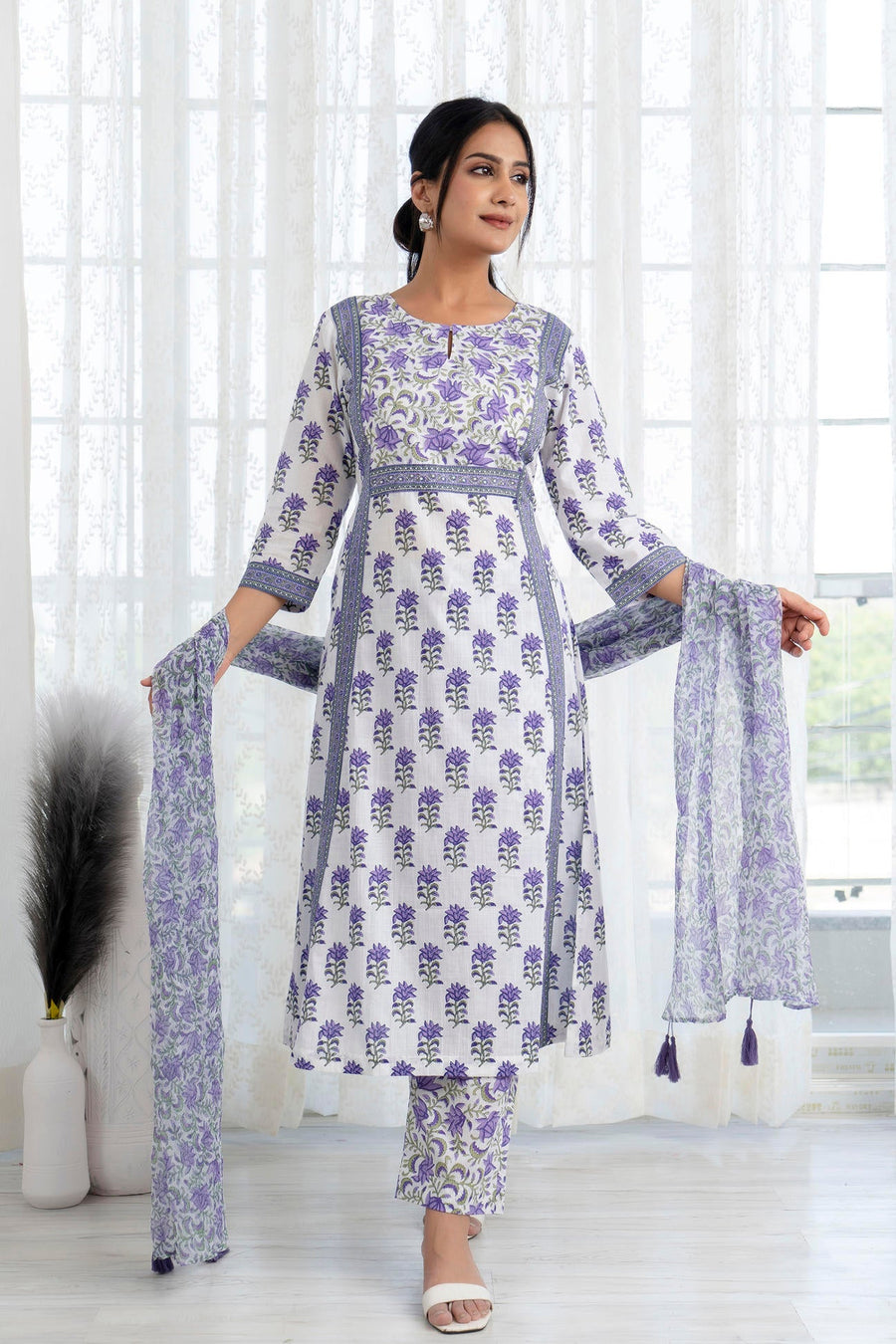 Purple Printed A-Line Kurta with Pant and Dupatta