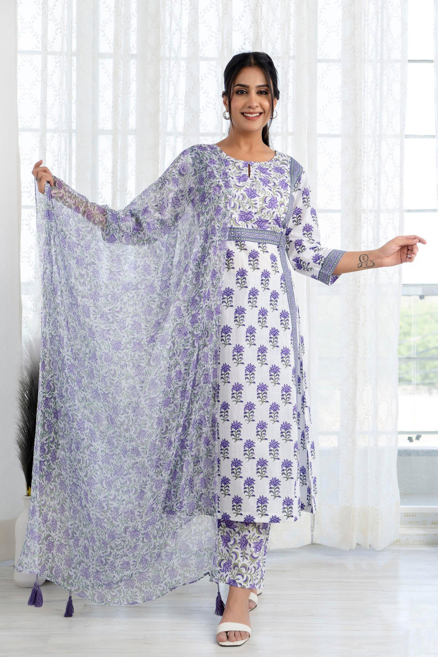 Purple Printed A-Line Kurta with Pant and Dupatta