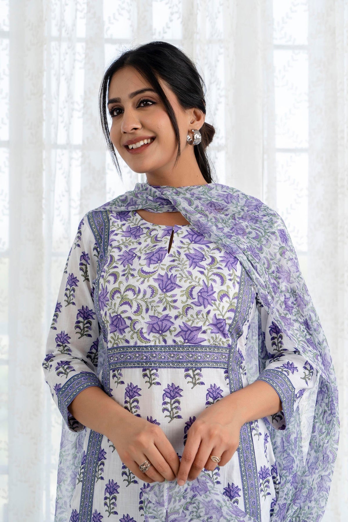 Purple Printed A-Line Kurta with Pant and Dupatta
