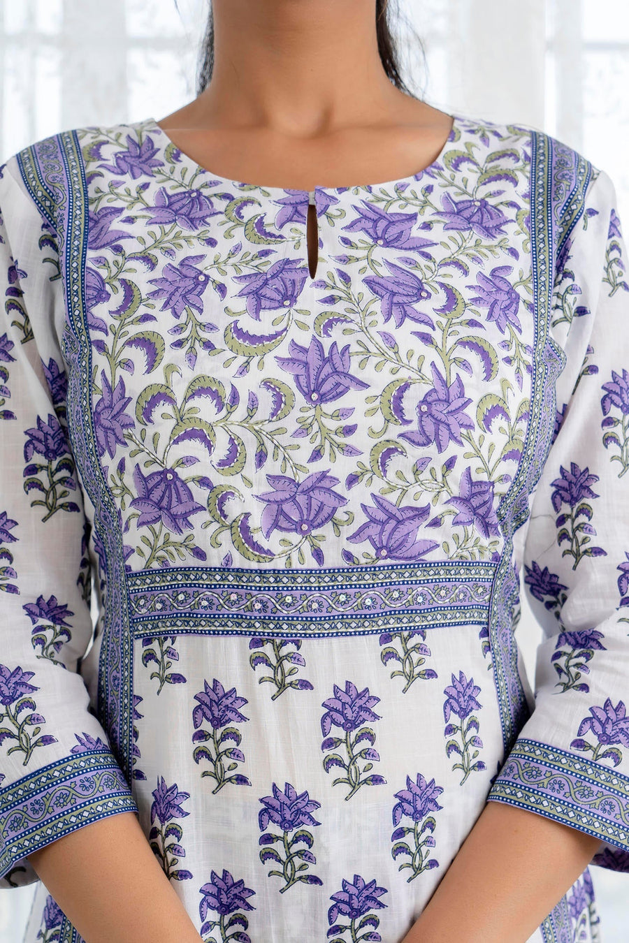Purple Printed A-Line Kurta with Pant and Dupatta
