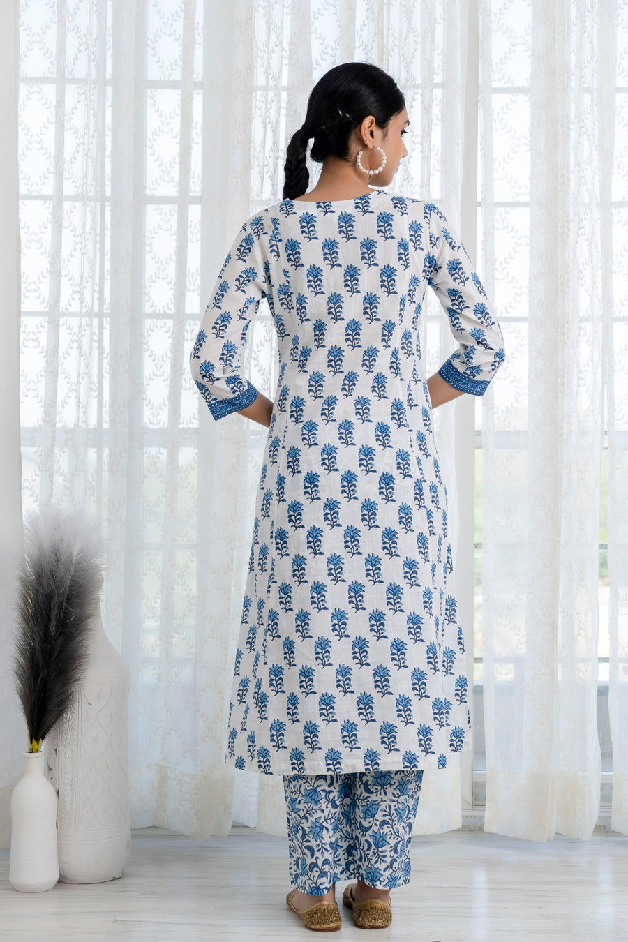 Blue Printed A-Line Kurta with Pant and Dupatta
