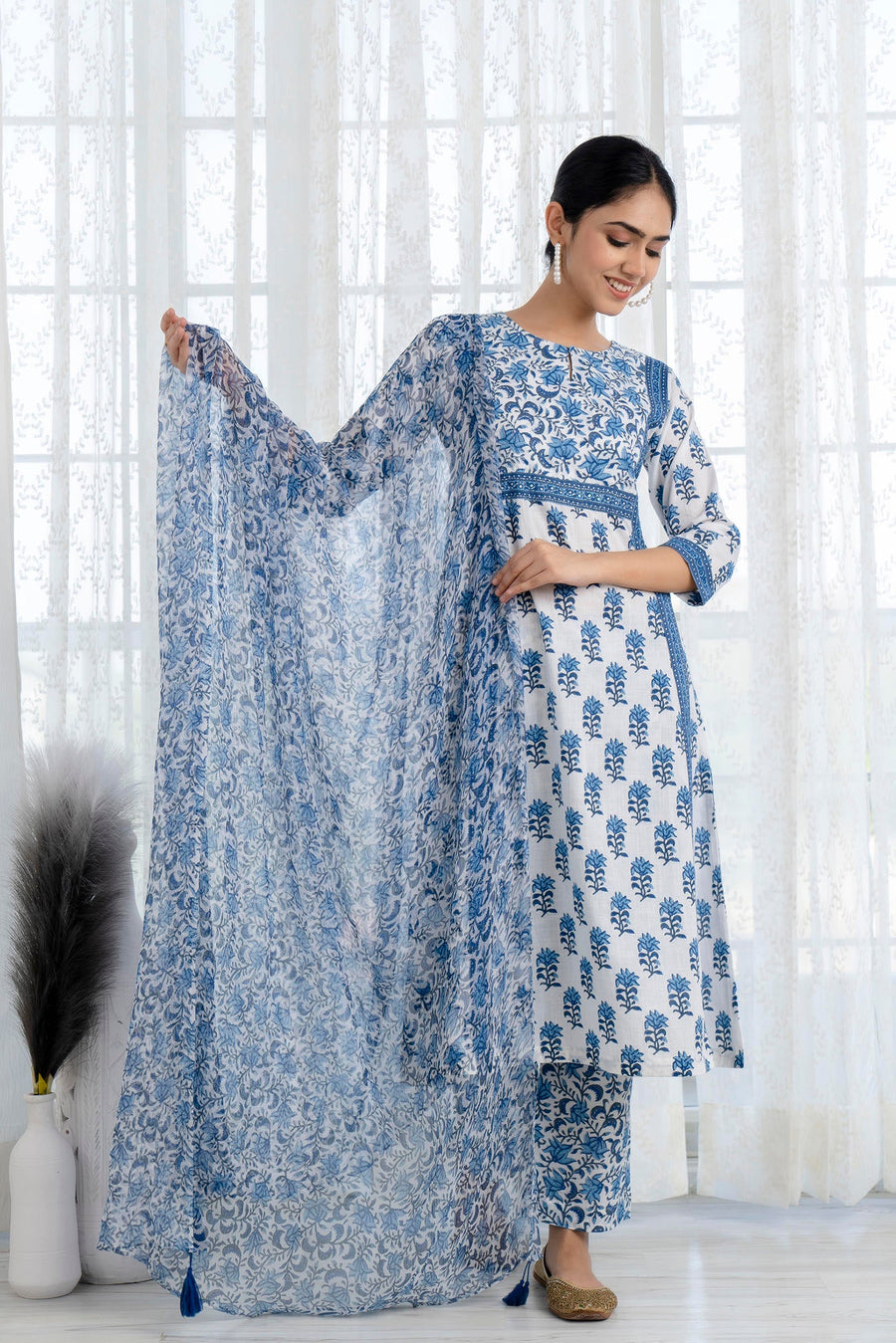 Blue Printed A-Line Kurta with Pant and Dupatta