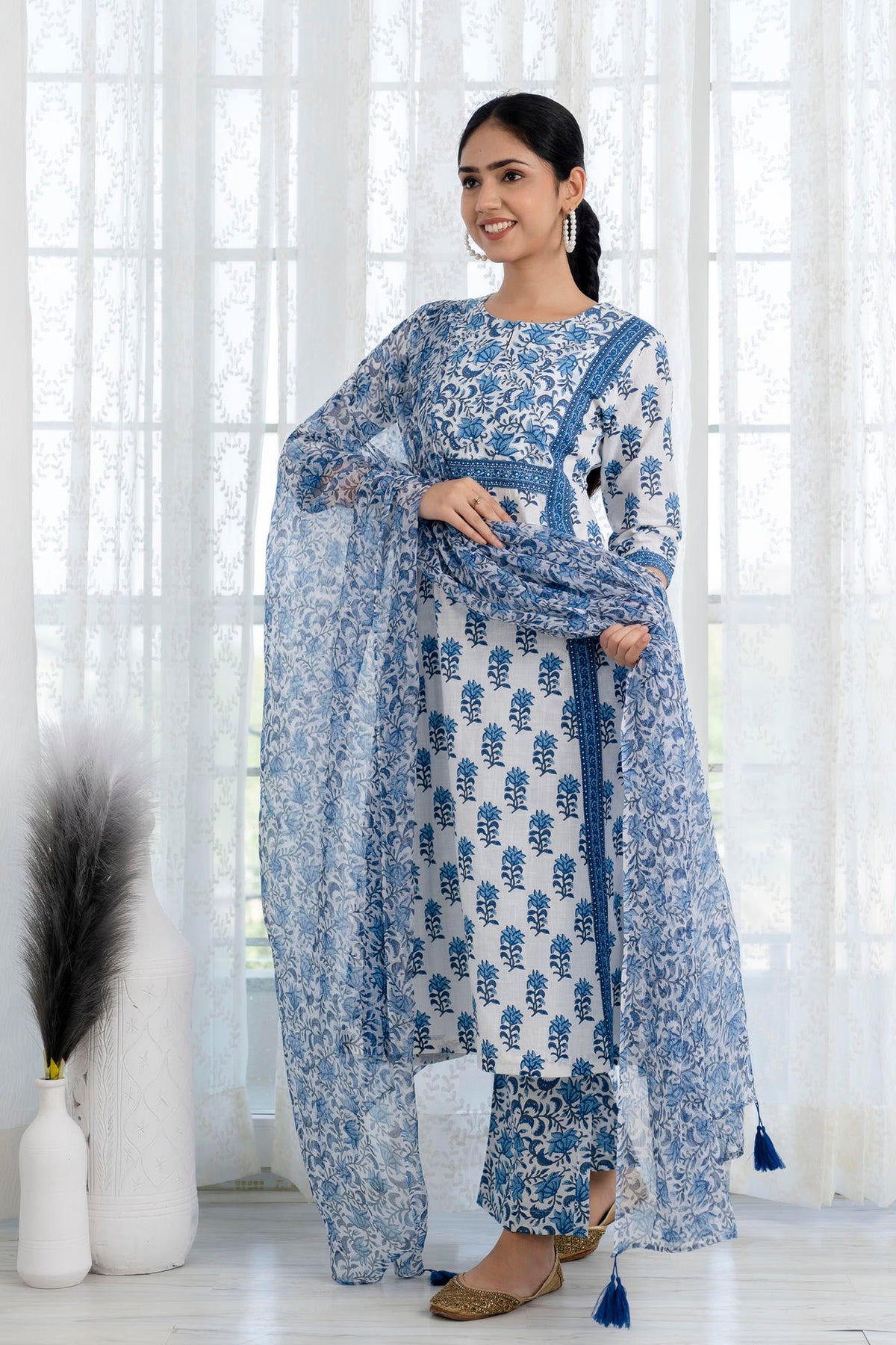 Blue Printed A-Line Kurta with Pant and Dupatta