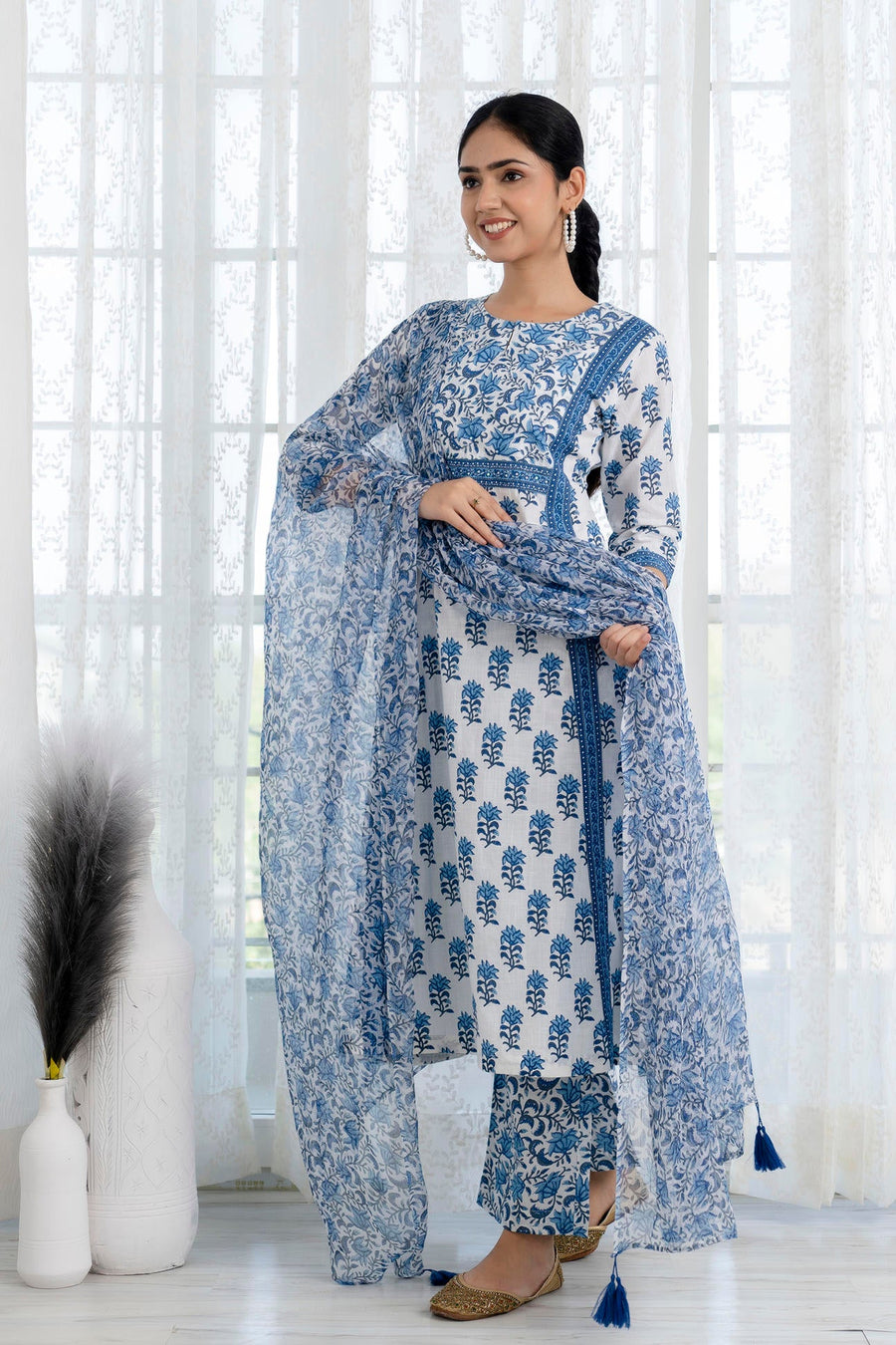 Blue Printed A-Line Kurta with Pant and Dupatta