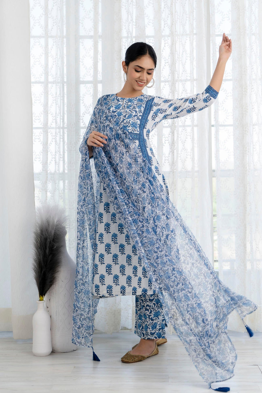 Blue Printed A-Line Kurta with Pant and Dupatta