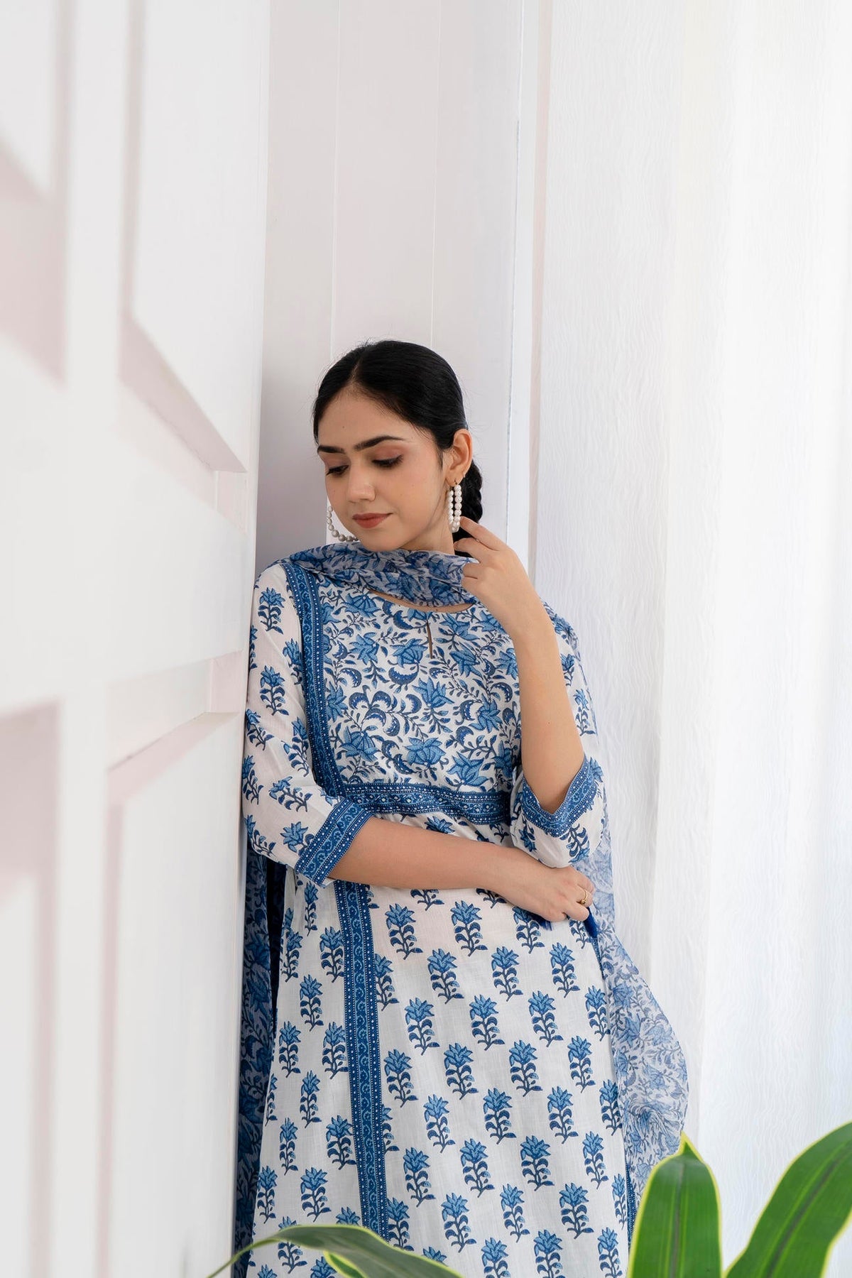 Blue Printed A-Line Kurta with Pant and Dupatta