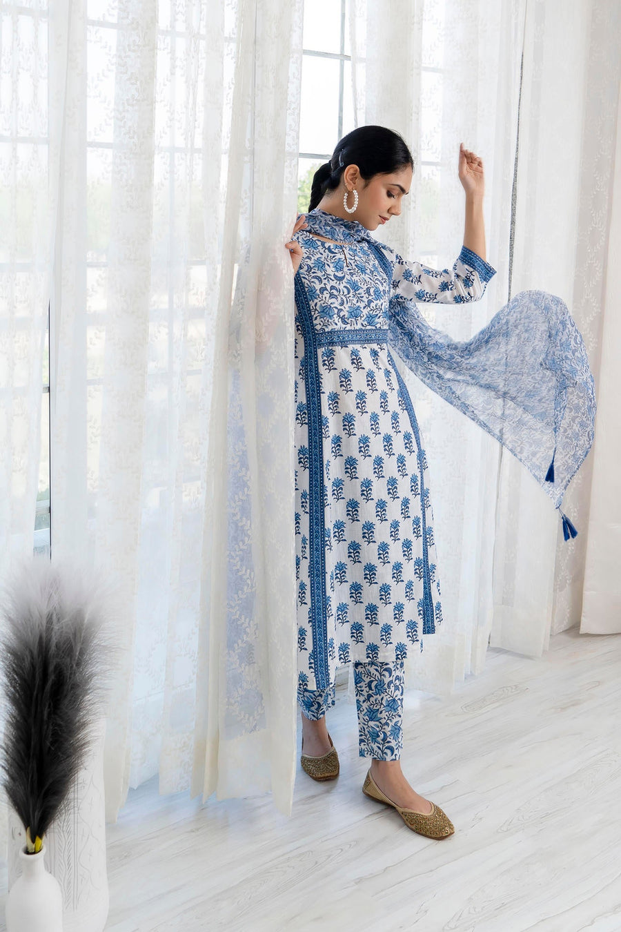 Blue Printed A-Line Kurta with Pant and Dupatta