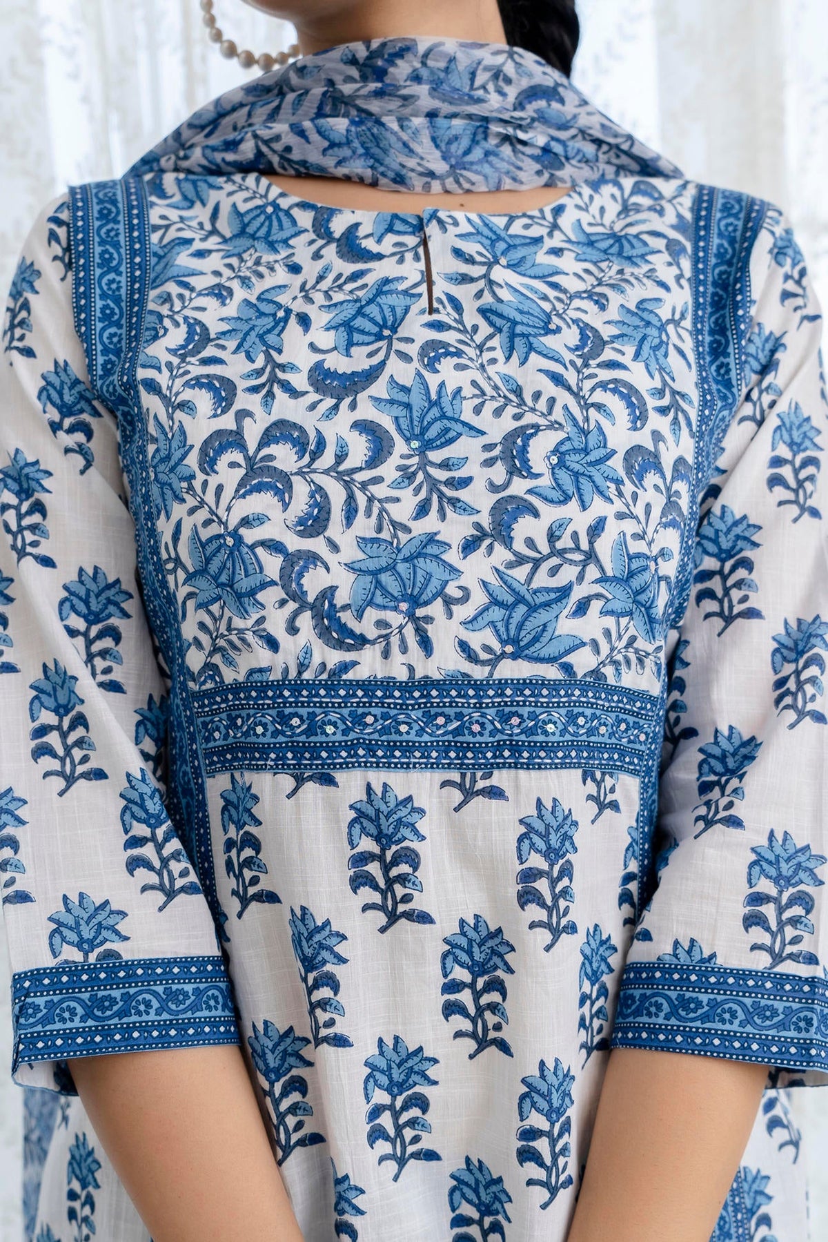 Blue Printed A-Line Kurta with Pant and Dupatta