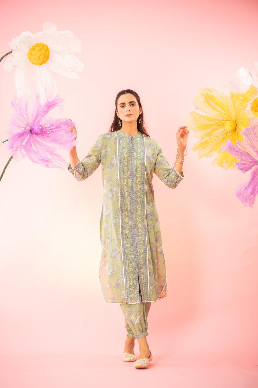 Green Floral Printed Kurta Afghani Salwar Co-Ord Set