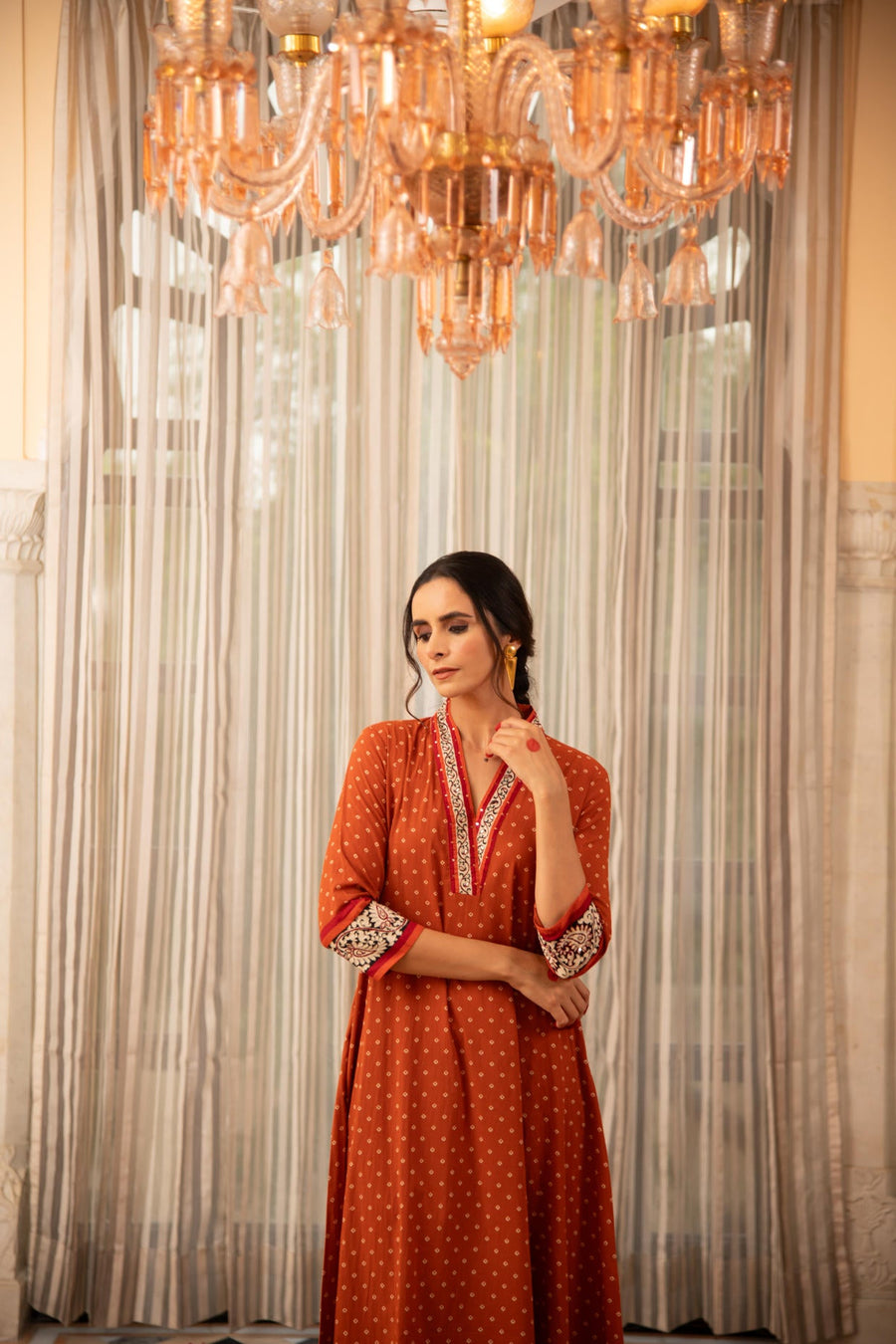 Rust Orange Bandhej Printed Embroidered A-Line Kurta