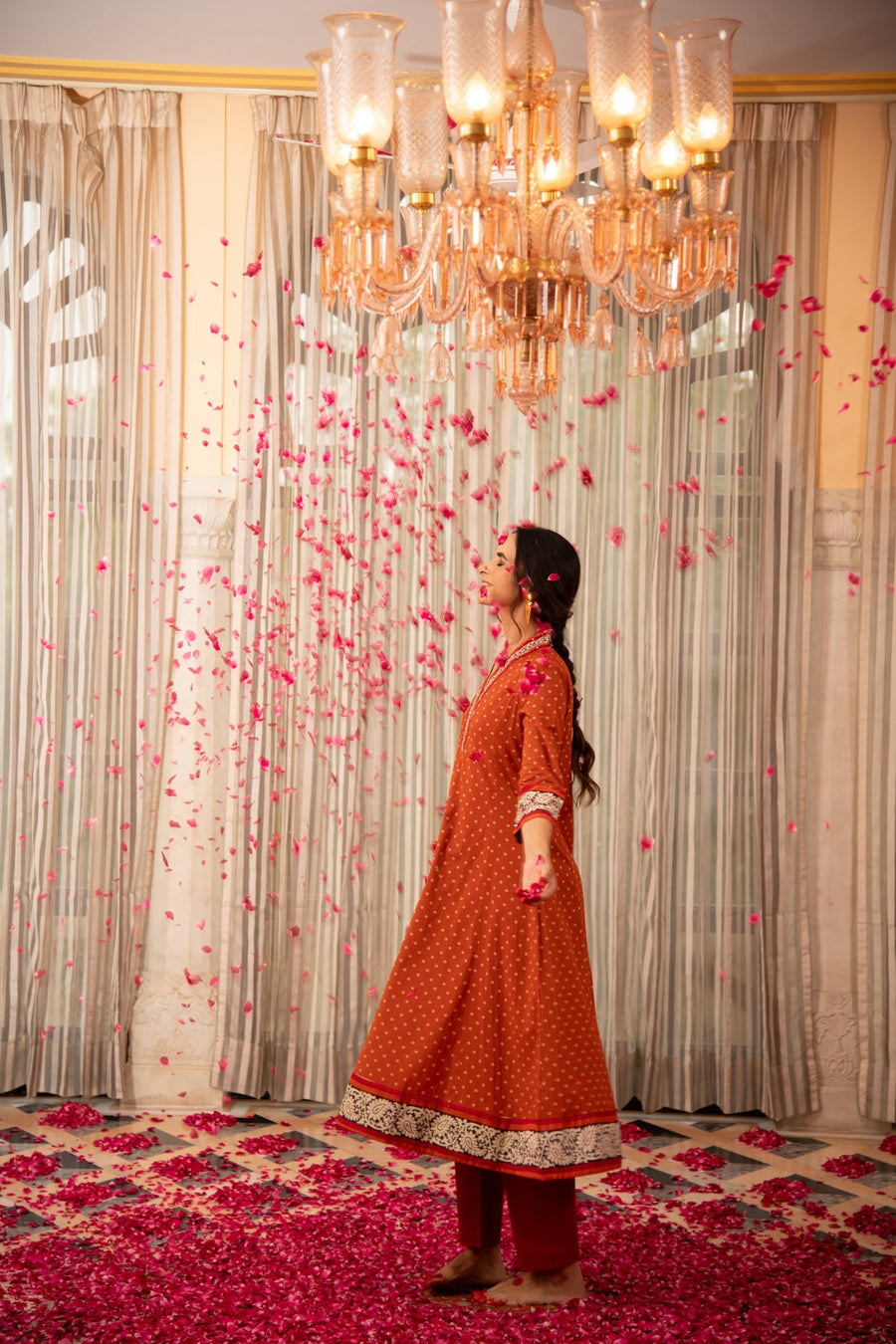 Rust Orange Bandhej Printed Embroidered A-Line Kurta