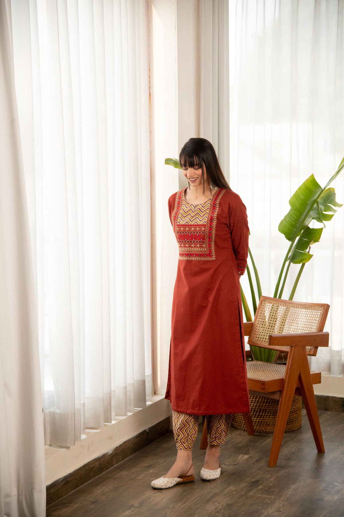 Rust Dobby Straight Kurta with Afghani Salwar