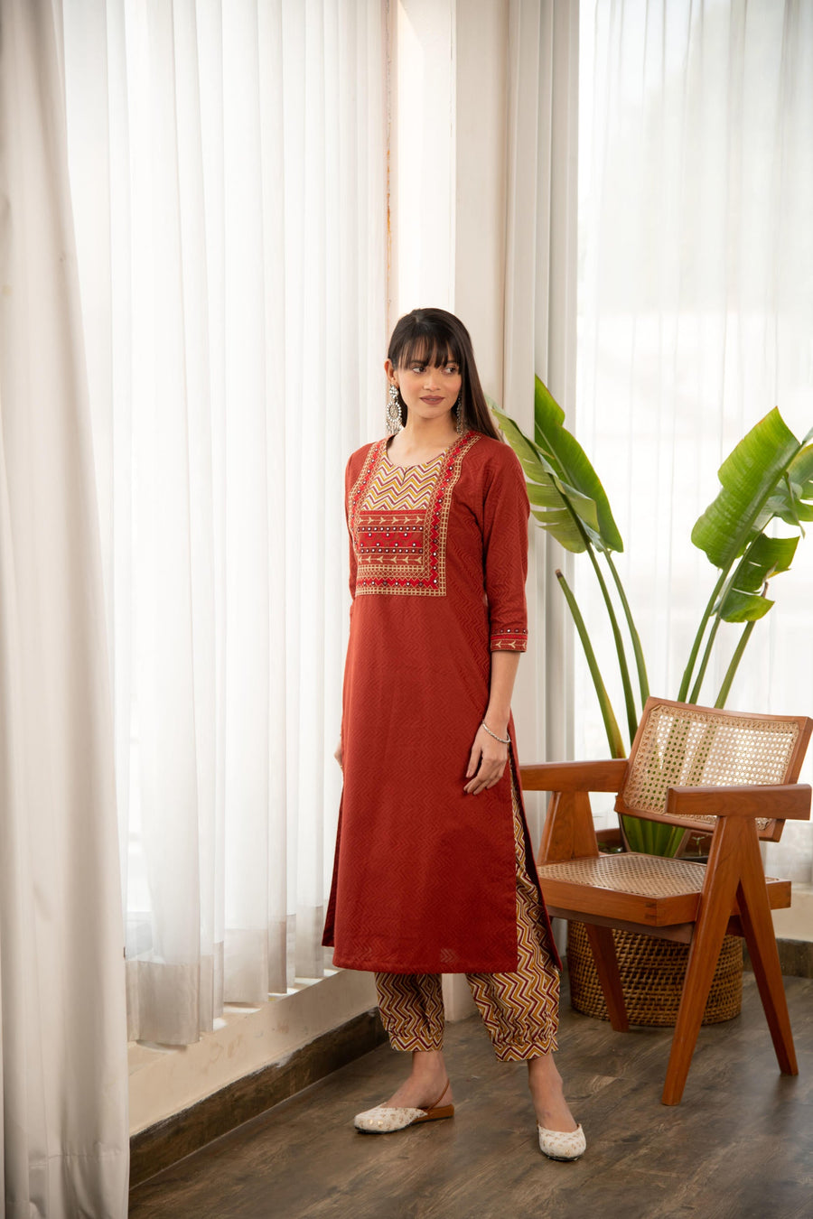 Rust Dobby Straight Kurta with Afghani Salwar
