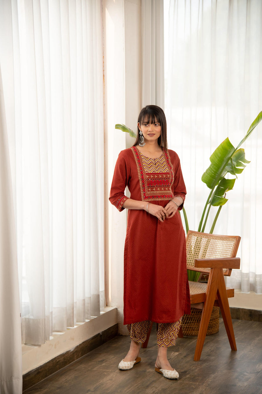 Rust Dobby Straight Kurta with Afghani Salwar