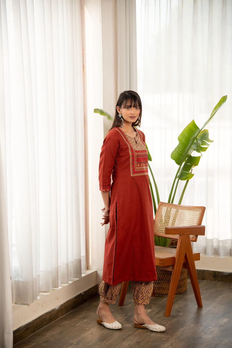 Rust Dobby Straight Kurta with Afghani Salwar