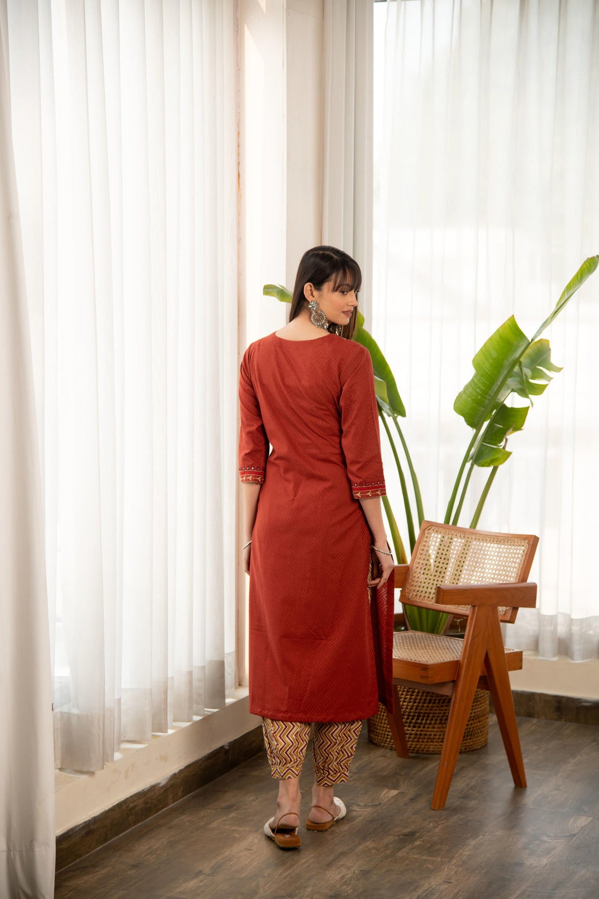 Rust Dobby Straight Kurta with Afghani Salwar