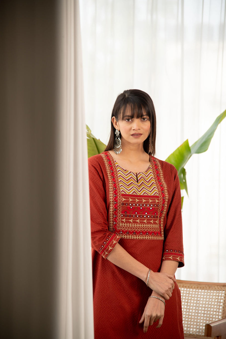 Rust Dobby Straight Kurta with Afghani Salwar