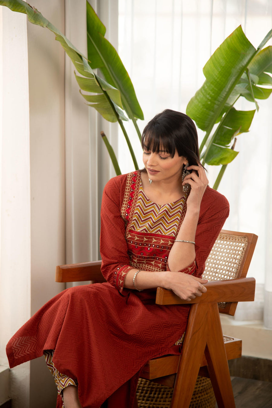 Rust Dobby Straight Kurta with Afghani Salwar
