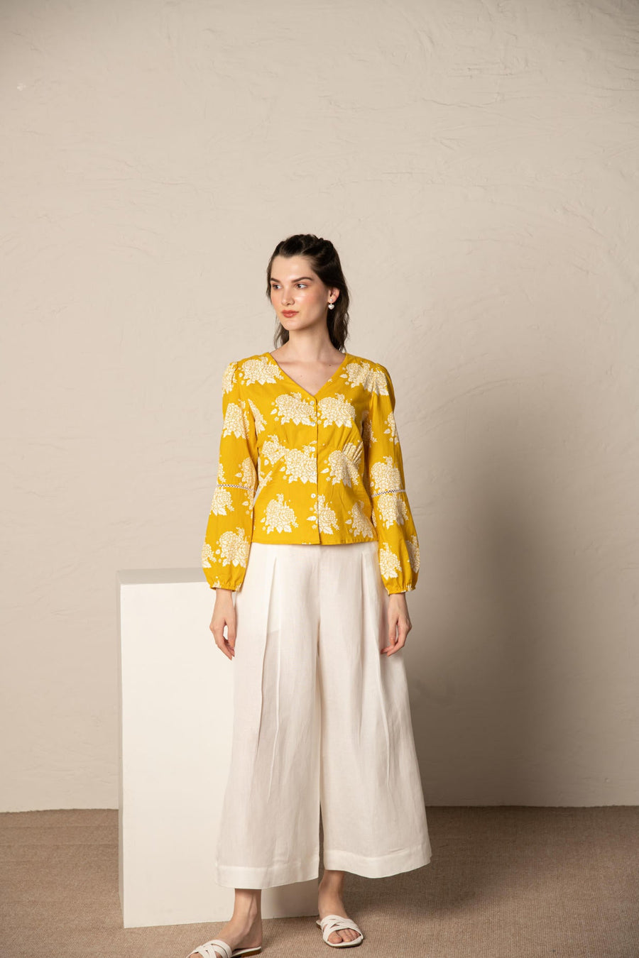 Yellow Flower Printed Cotton Top