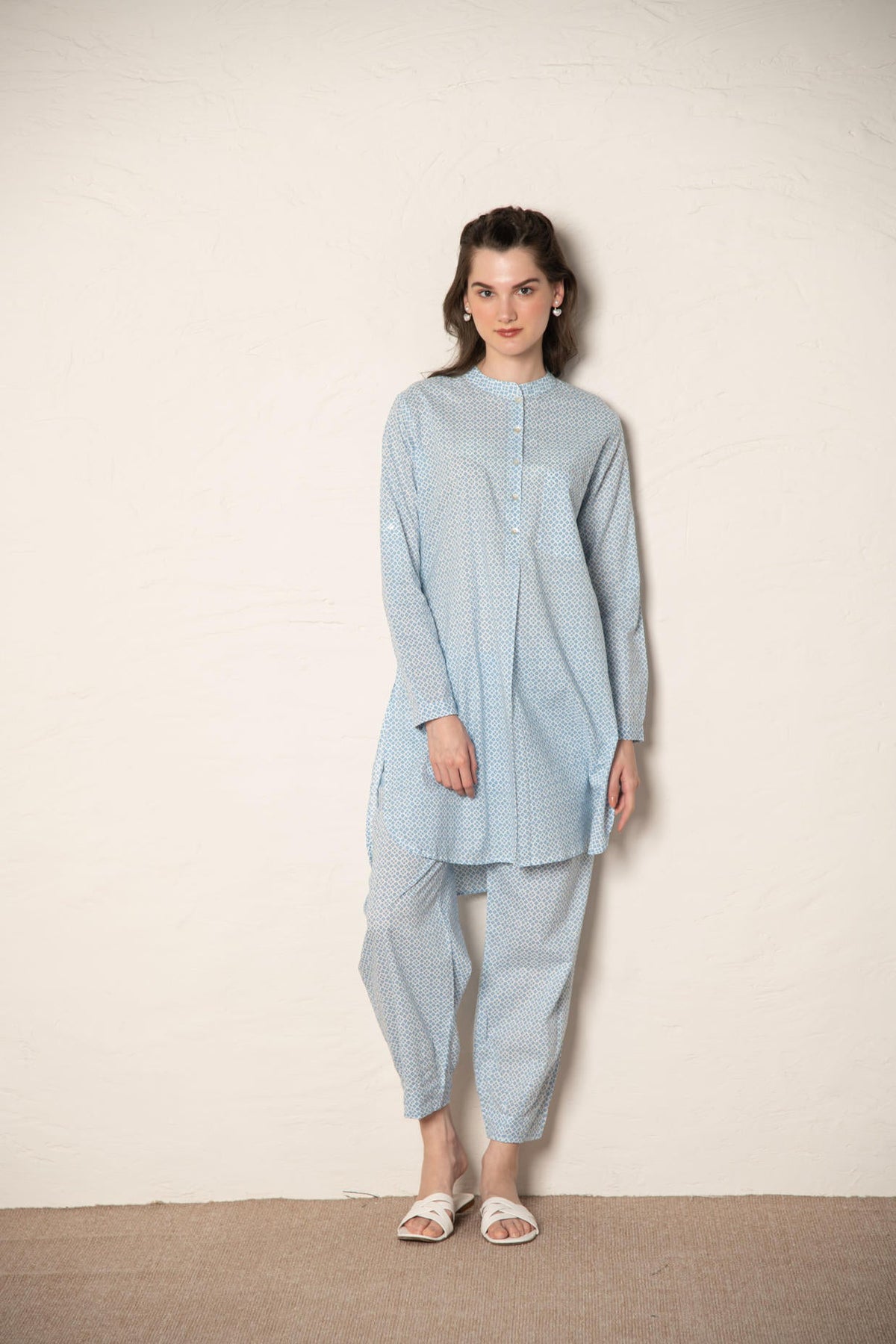 Blue Cotton Printed Loose Fit Up-Down Co-Ords Set.