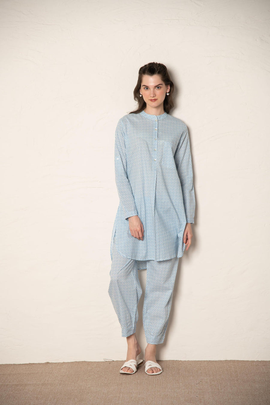Blue Cotton Printed Loose Fit Up-Down Co-Ords Set.