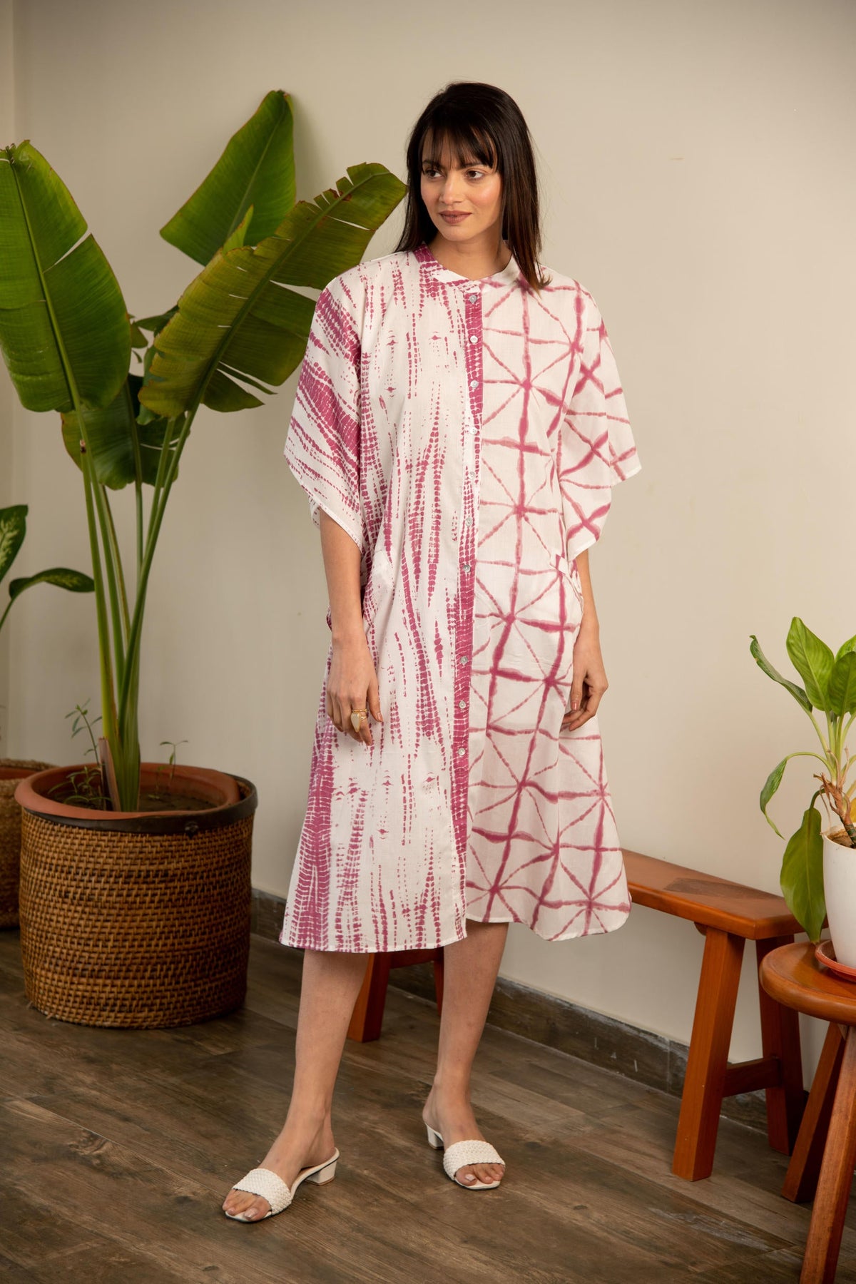 Mauve and White Shibori Print Shirt Dress