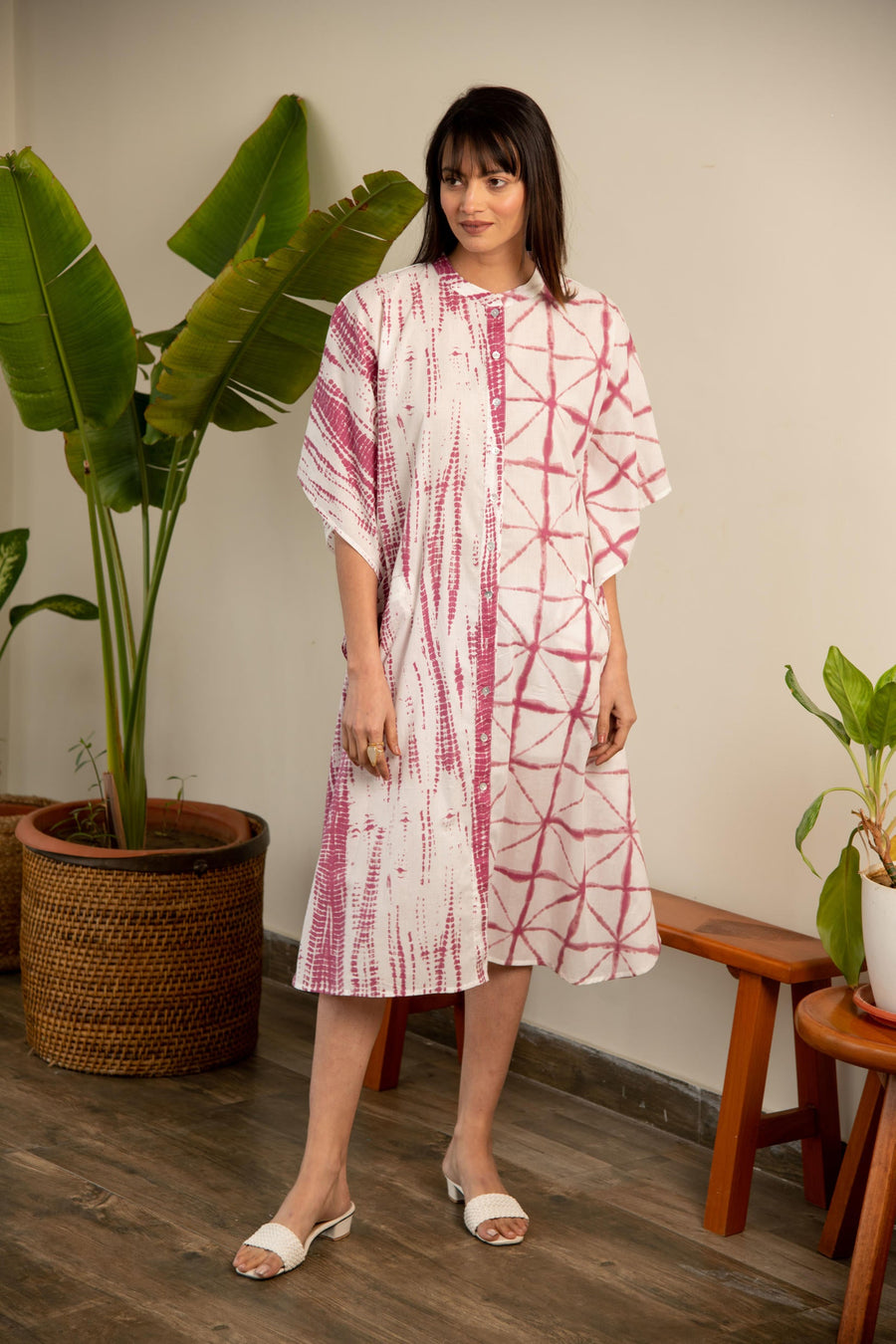 Mauve and White Shibori Print Shirt Dress