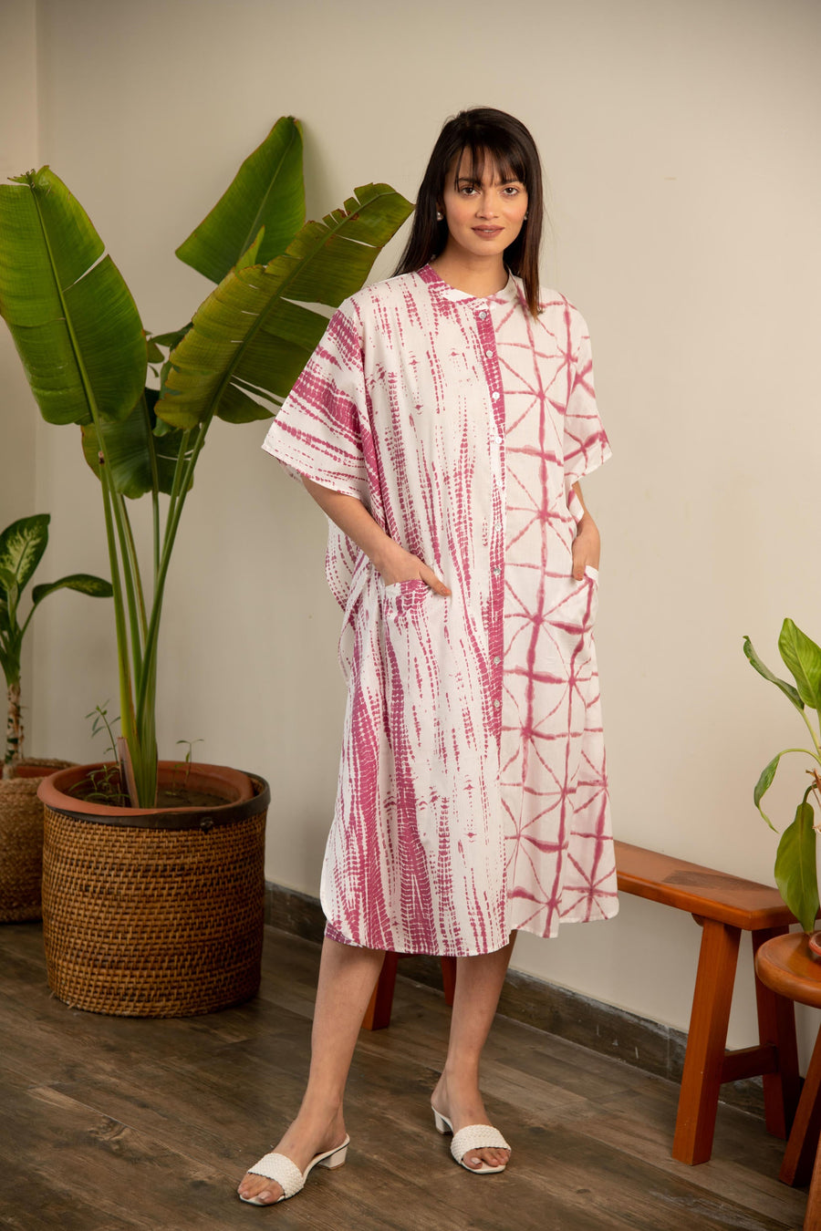 Mauve and White Shibori Print Shirt Dress