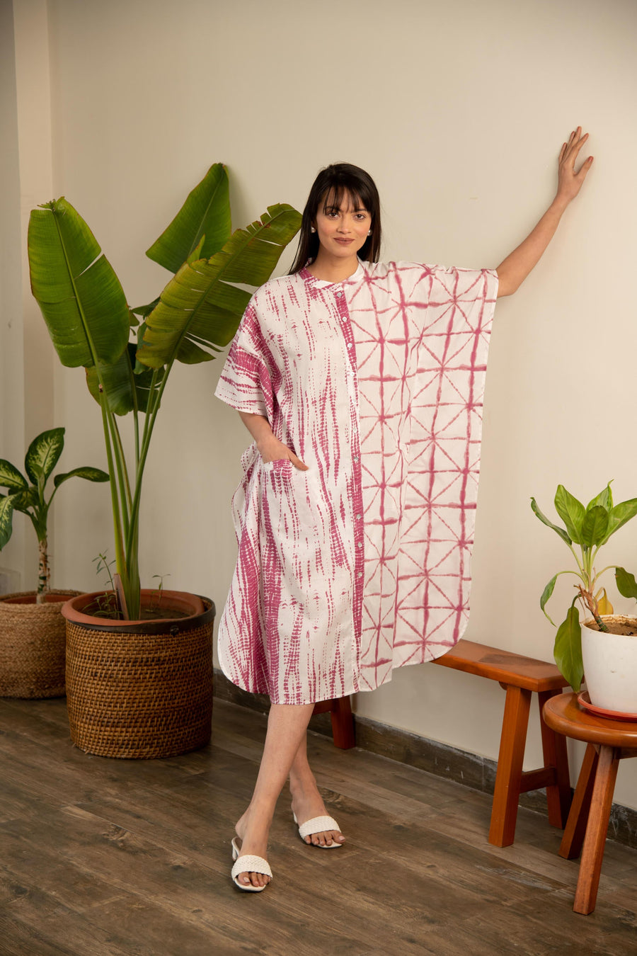 Mauve and White Shibori Print Shirt Dress