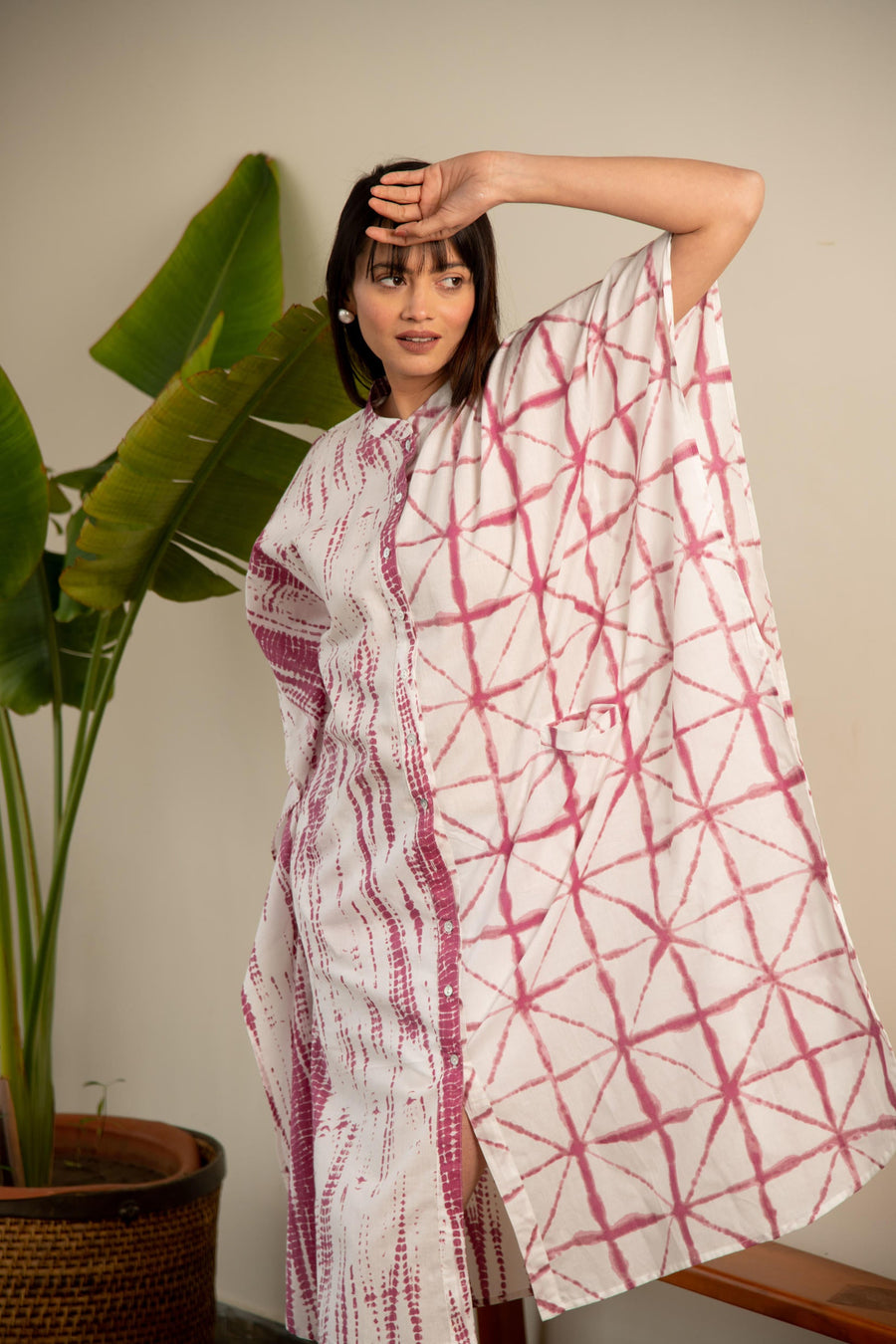 Mauve and White Shibori Print Shirt Dress