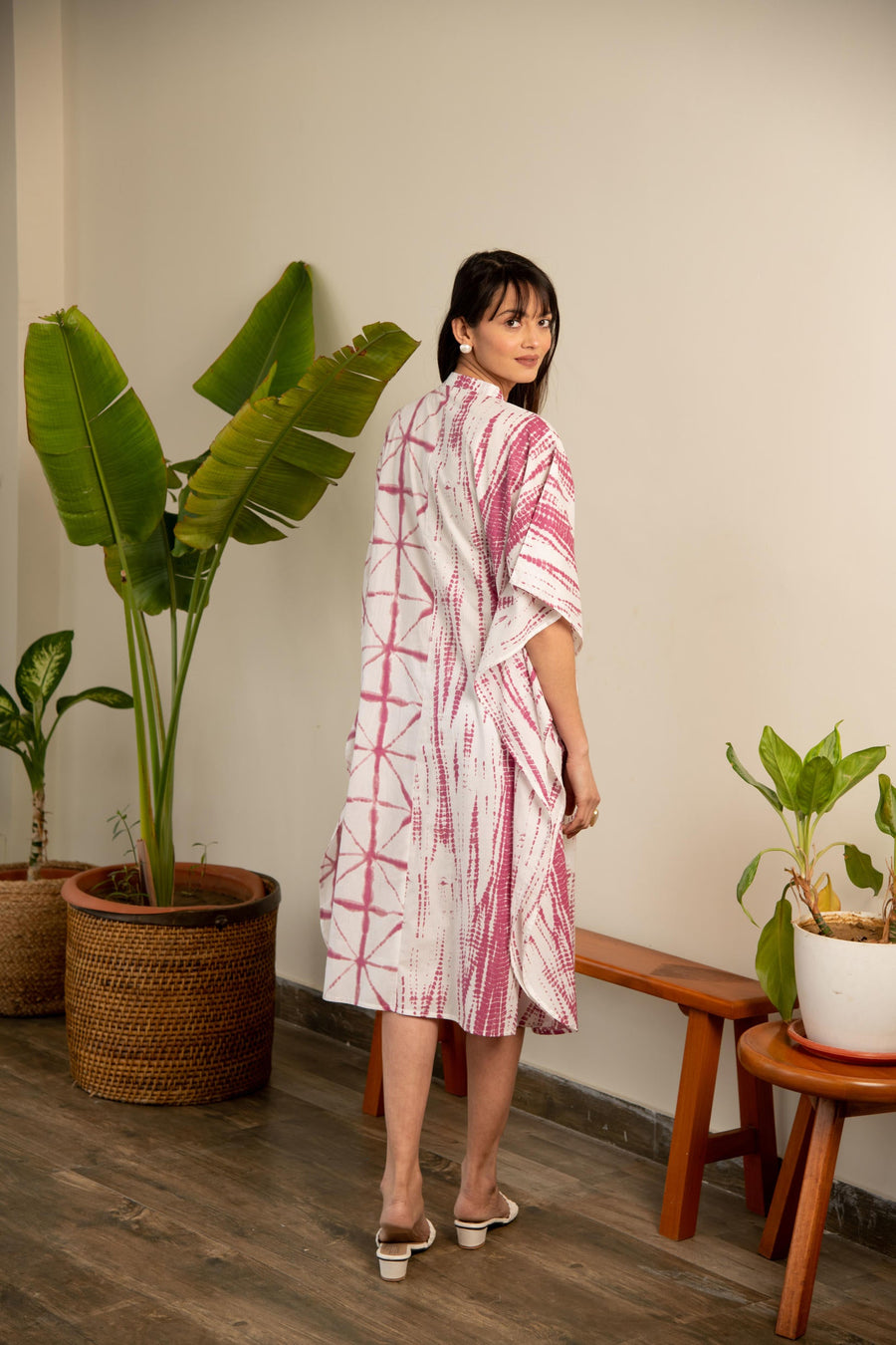 Mauve and White Shibori Print Shirt Dress