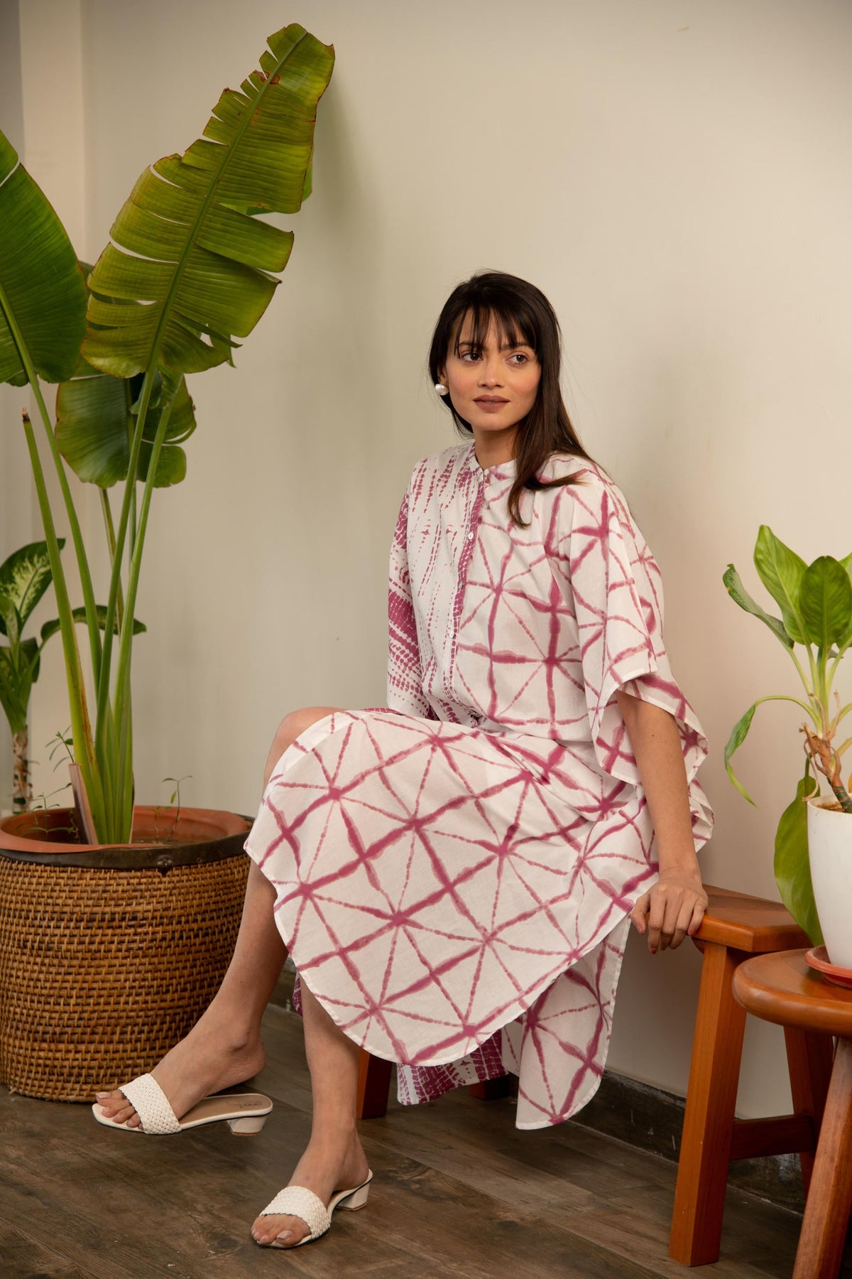 Mauve and White Shibori Print Shirt Dress
