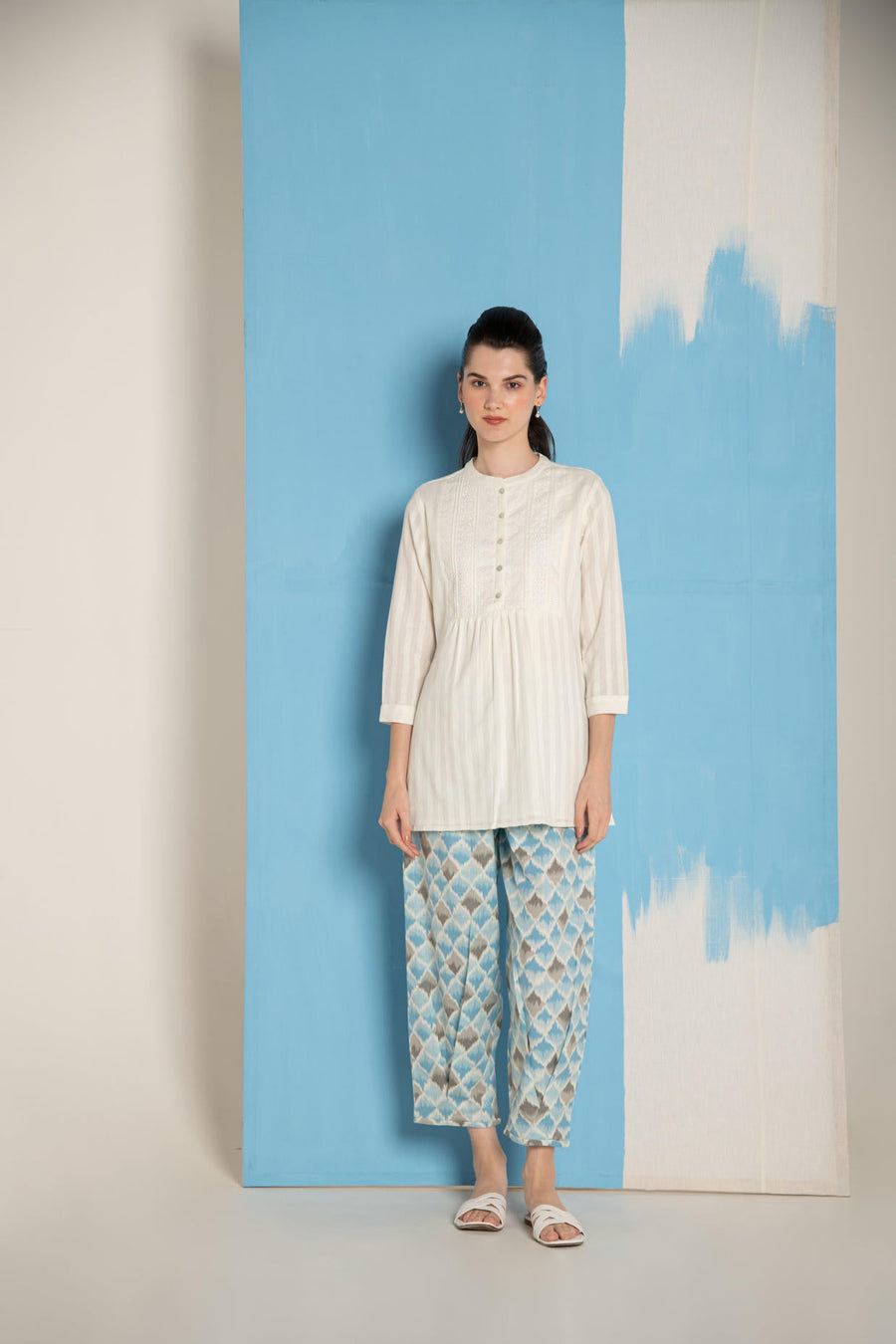 White Dobby Short Kurta with  Blue Ikhat Pant Co-Ord Set