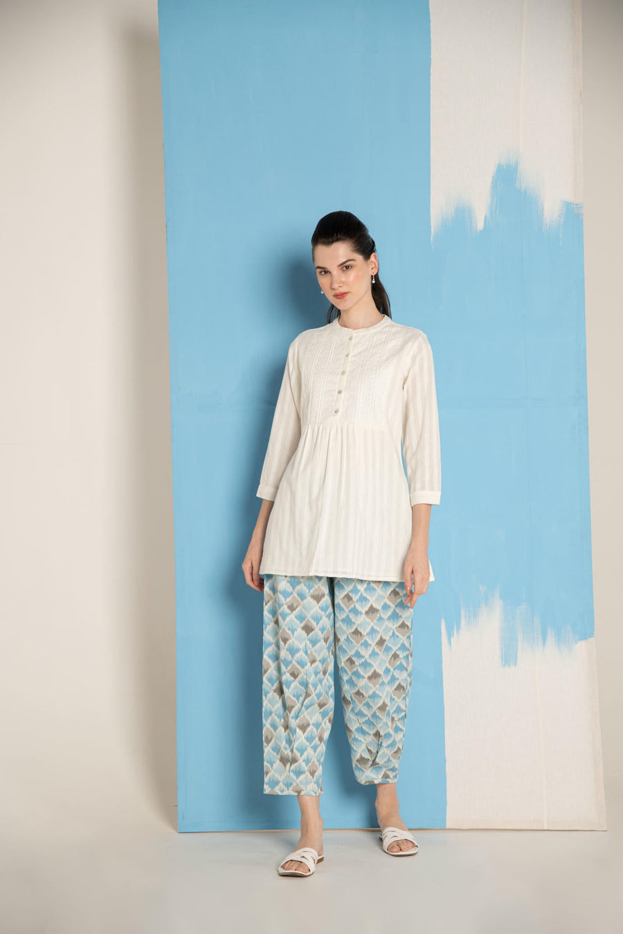 White Dobby Short Kurta with  Blue Ikhat Pant Co-Ord Set