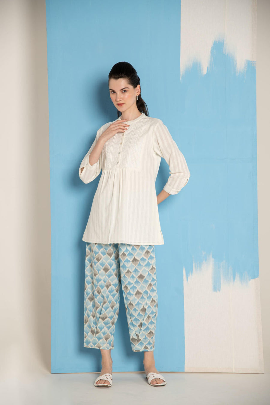 White Dobby Short Kurta with  Blue Ikhat Pant Co-Ord Set