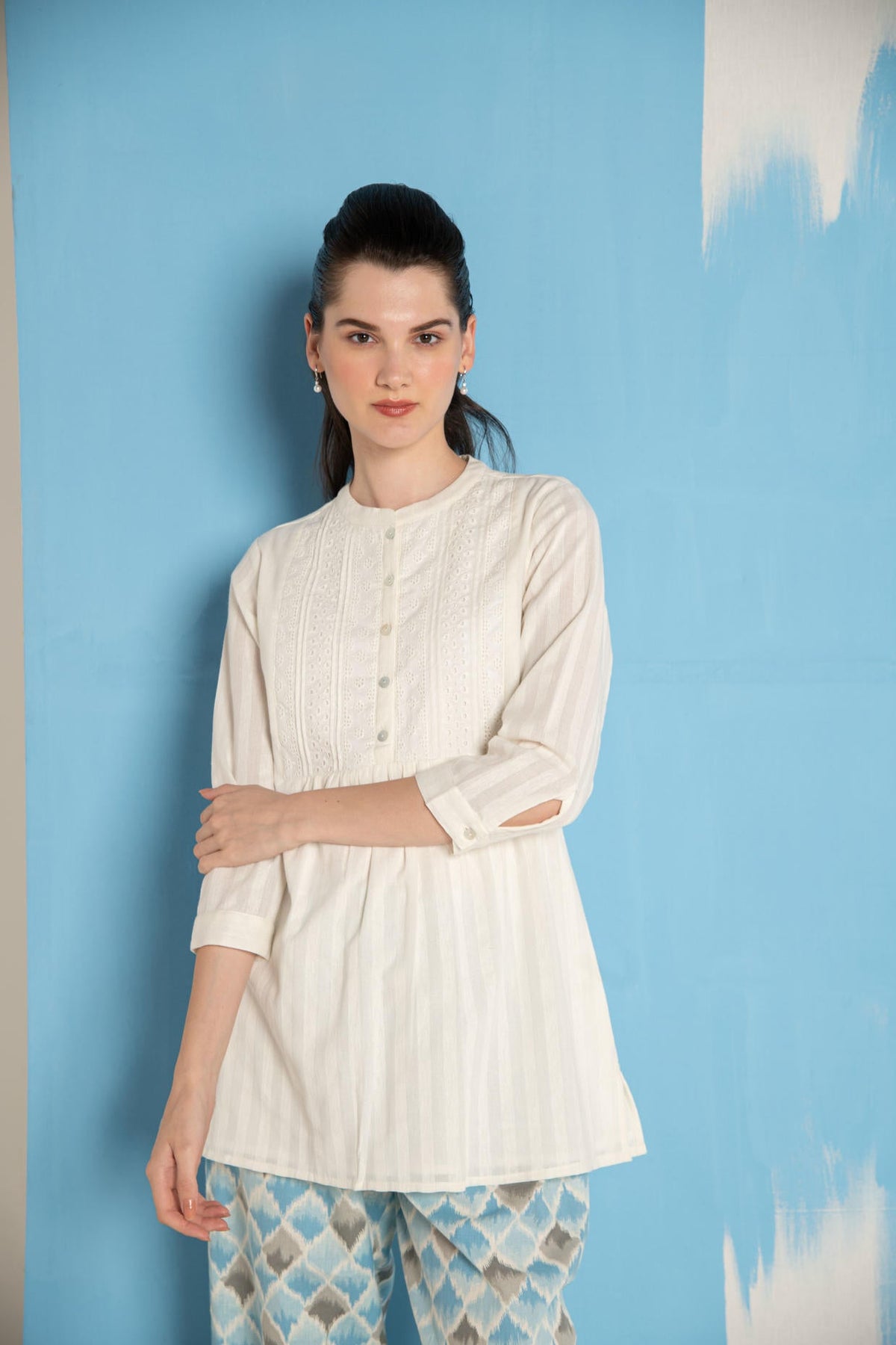 White Dobby Short Kurta with  Blue Ikhat Pant Co-Ord Set