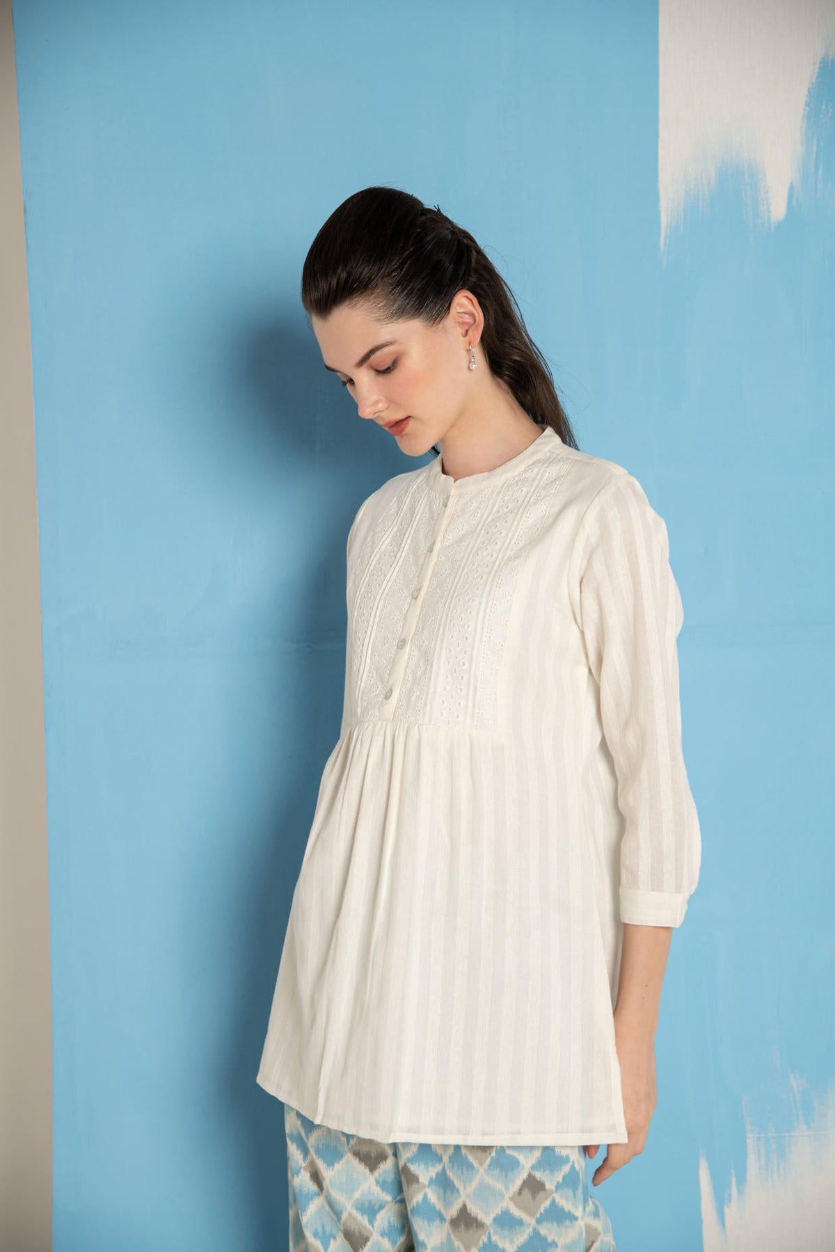 White Dobby Short Kurta with  Blue Ikhat Pant Co-Ord Set
