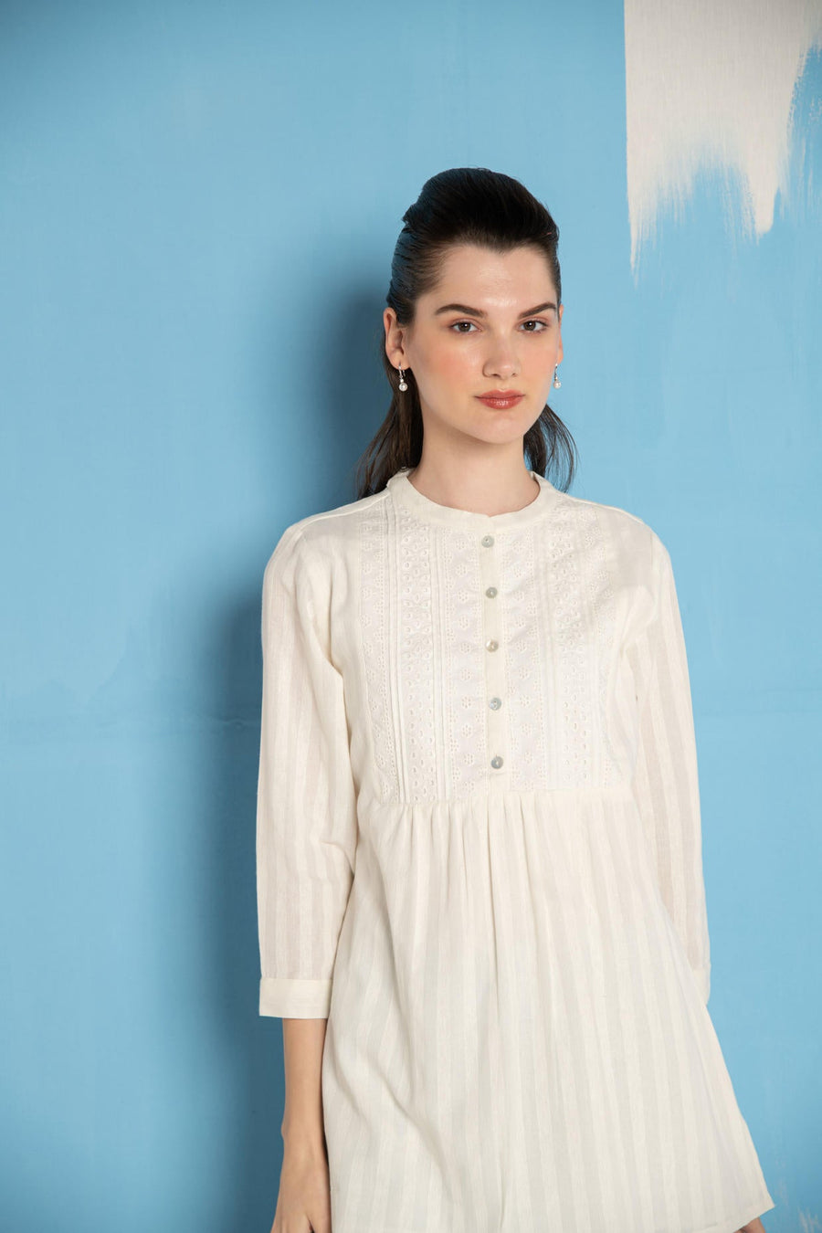 White Dobby Short Kurta with  Blue Ikhat Pant Co-Ord Set