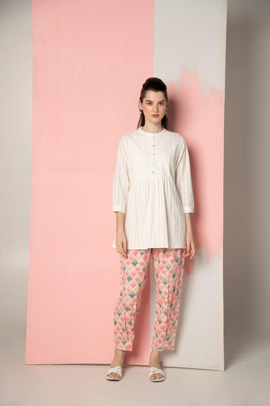 White Dobby Short Kurta with  Pink Ikhat Pant Co-Ord Set.