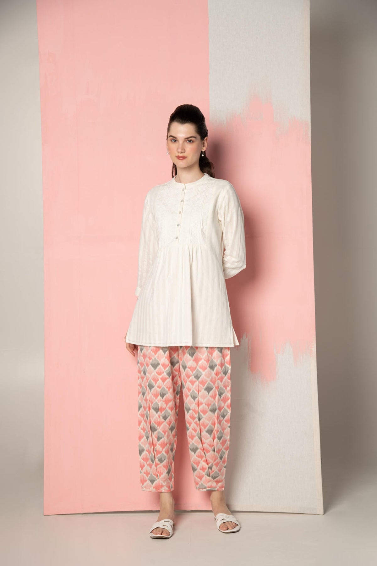 White Dobby Short Kurta with  Pink Ikhat Pant Co-Ord Set.