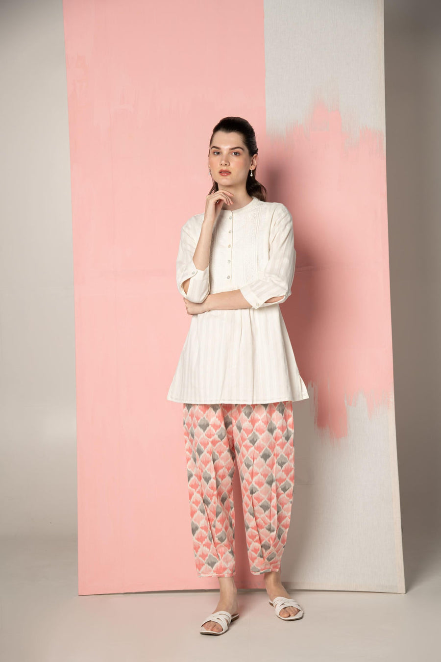 White Dobby Short Kurta with  Pink Ikhat Pant Co-Ord Set.