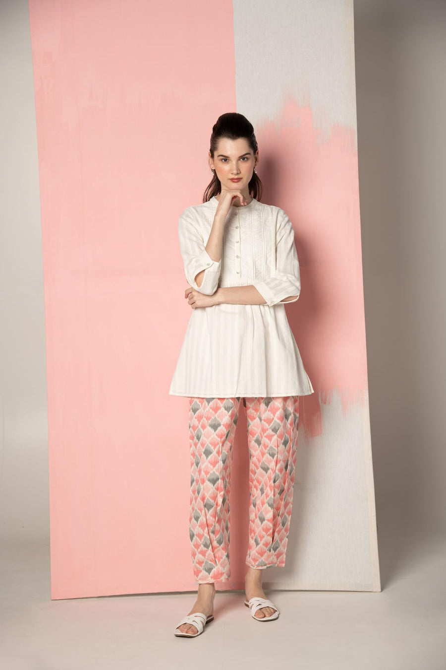 White Dobby Short Kurta with  Pink Ikhat Pant Co-Ord Set.
