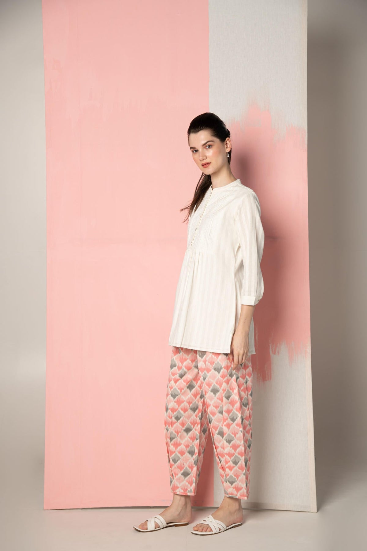 White Dobby Short Kurta with  Pink Ikhat Pant Co-Ord Set.