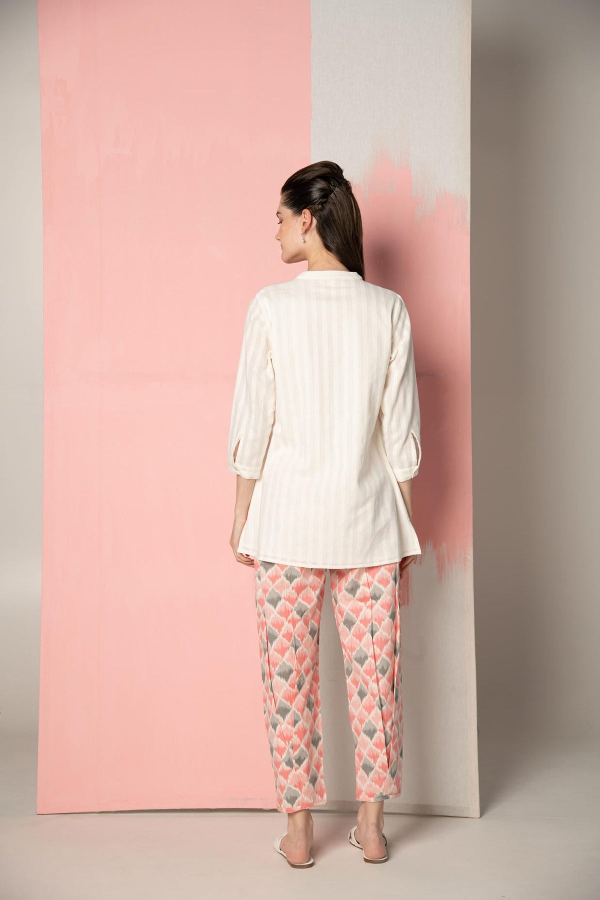 White Dobby Short Kurta with  Pink Ikhat Pant Co-Ord Set.