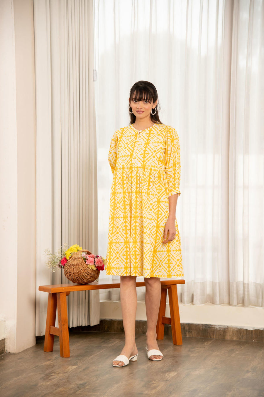 Yellow Shibori Print Loose Fit Gathered Dress